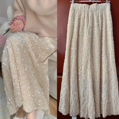 Autumn Bling Bling Sequined Thick Velvet Long Skirt