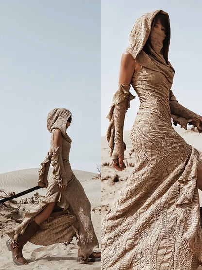 Desert Chic: 2-Piece Hooded Dress & Oversleeves Set
