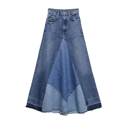 Denim Skirt Long Women Blue Patchwork