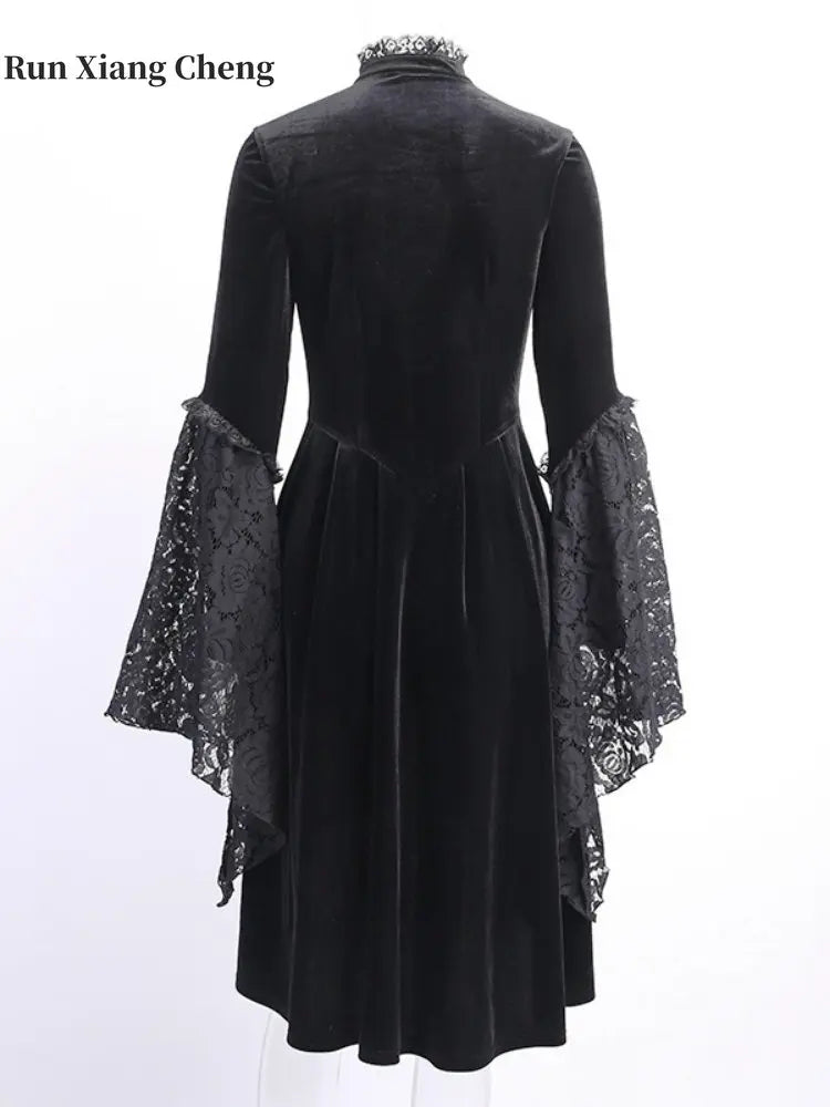 Gothic Black Lace Cutout Lantern Sleeve Stand Collar Exquisite Buttons