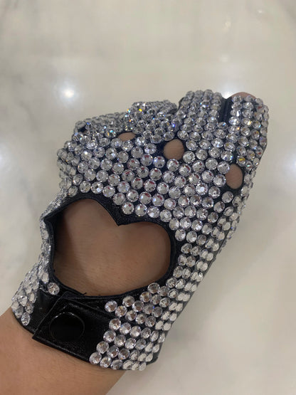 leather fingerless heart cut out rhinestone gloves