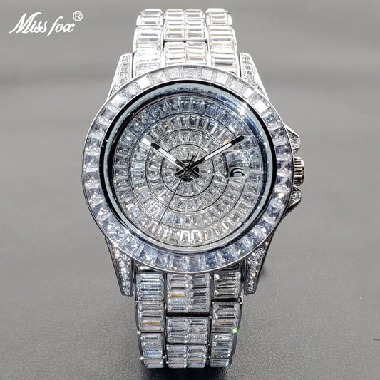 MISSFOX Fully Diamond Watches For Men Top Luxury Stainless Steel Automatic Date Wristwatch Hip Hop Ice Out waterproof Male Clock