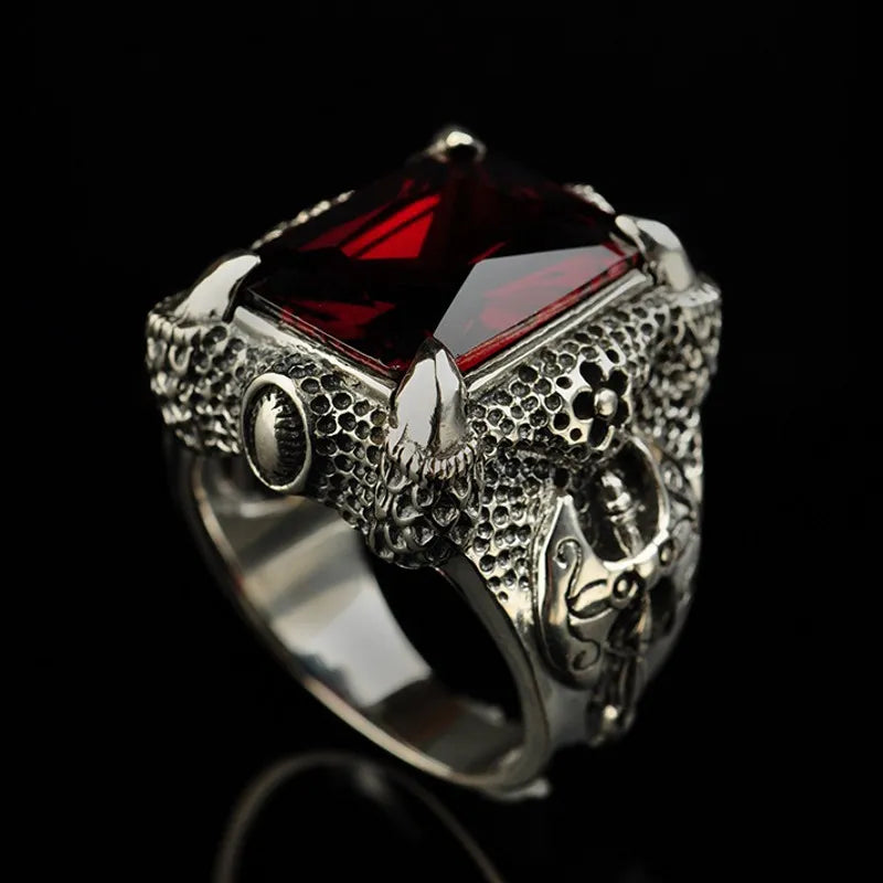 Silver Axe Dragon Claw Domineering Man Ring Inlaid With Garnet