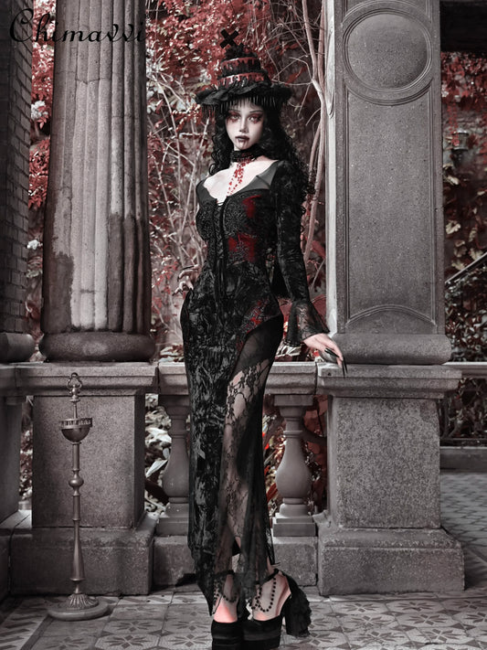 Gothic Velvet Slim Fit Lace Fishtail Dress for Women