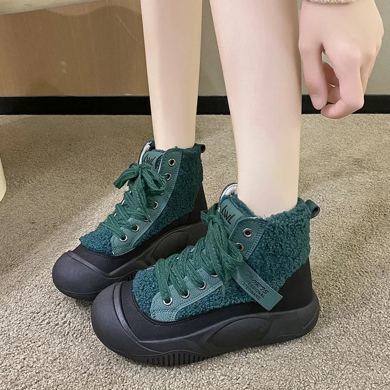 Warm Shoes for Women Leisure Ankle Boots Female Woman Winter Lace Up Sneakers Flat Mid Heels Solid Modern Snow Boots Zapatos