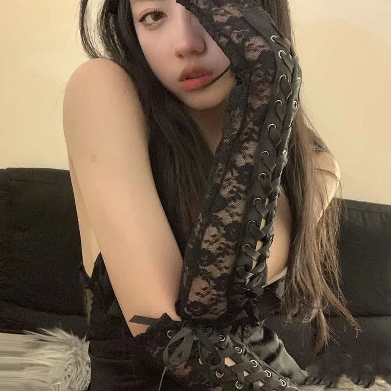 Gothic Sexy Lace Strap Elbow Length Punk Fingerless