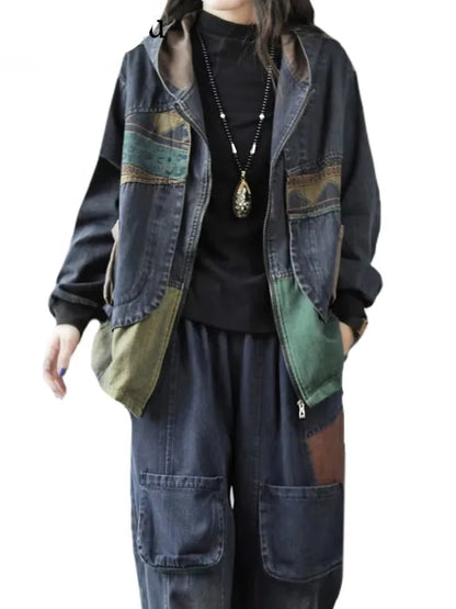 Two Pieces Sets Hooded  Coats Vintage Jeans