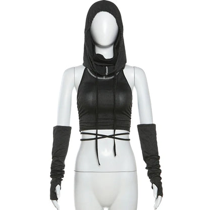 Cyber Y2k Punk Women Sexy Shorts Suits Gothic Backless Hooded Crop Tank Tops Grunge Bandage Ruched Shorts 2 Piece Sets