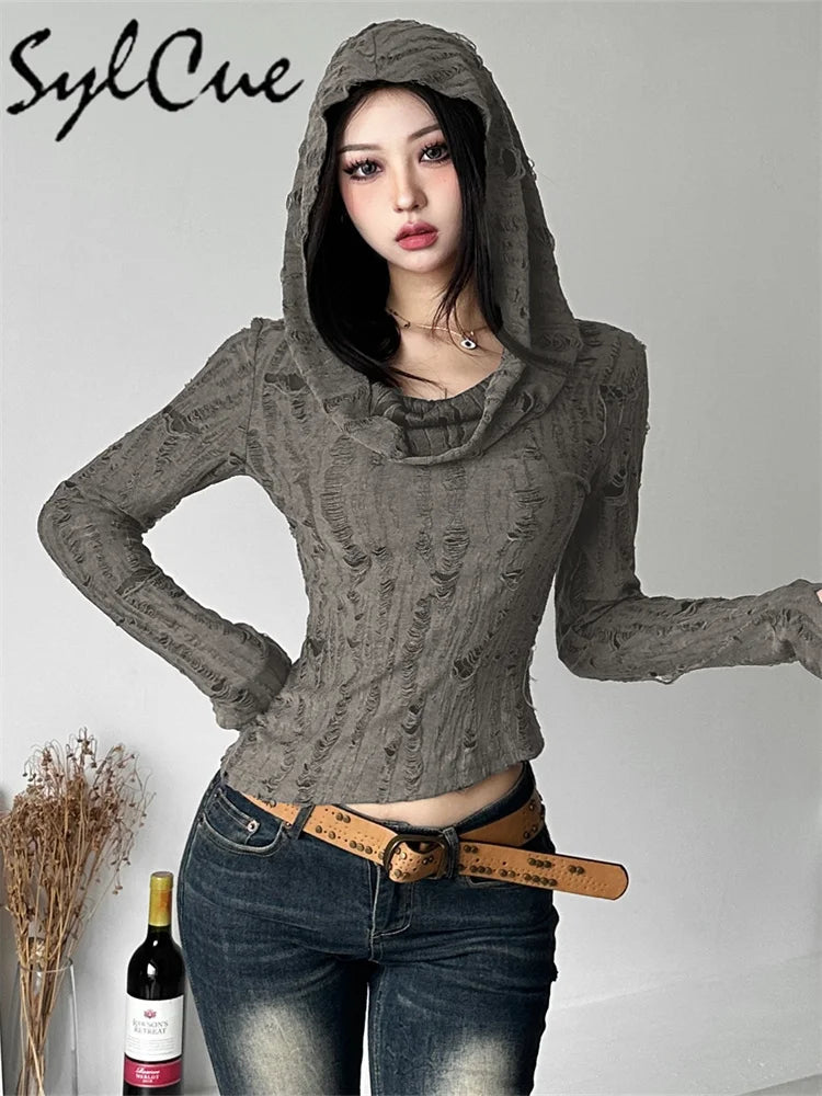 Distressed Hollow Retro Thin Hooded Top