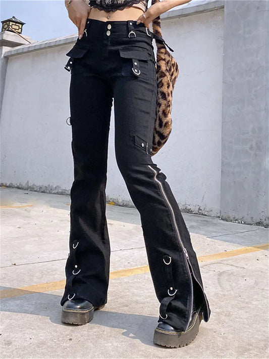 Punk Rivets Zipper Black Cargo Pants