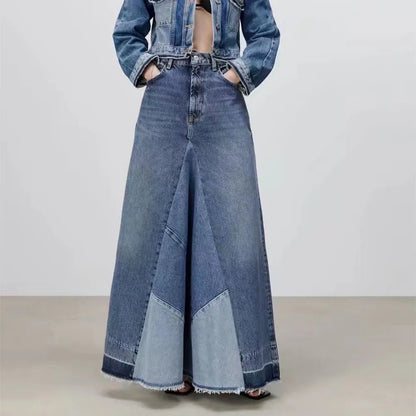 Denim Skirt Long Women Blue Patchwork