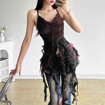 Retro Gradient Summer Halter Dress with Tassels