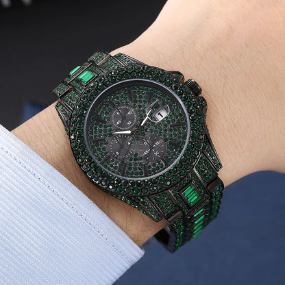 New Green Diamond Watch For Men Luxury Hip Hop Diamond Watches Unique Bling Ice Out Luminous Waterproof Clock relogios masculino