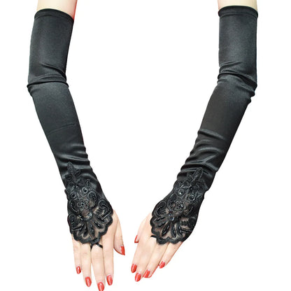 Long Satin Lace Embroidery Hook Finger Gloves