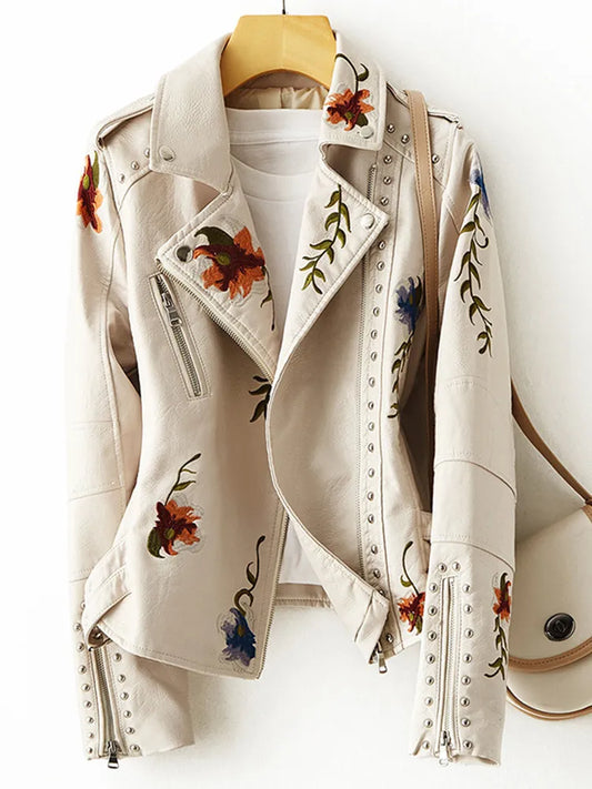 Embroidery Faux Soft Leather Jacket