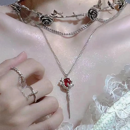 Red Zircon Rose Pendant Necklace