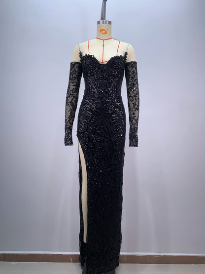 Elegant Black V-Neck Maxi Dress with Gloves & Sequins