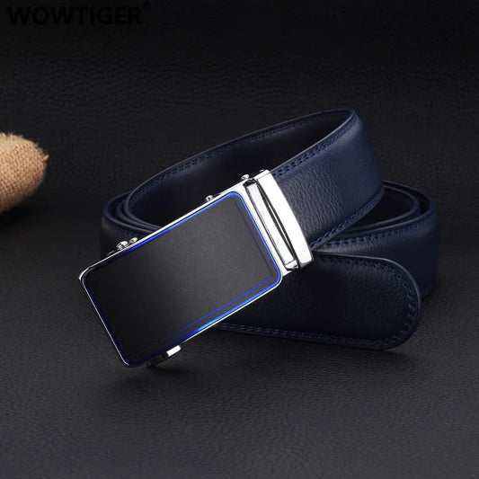 Blue Color 3.5cm Width Cow Leather Automatic Buckle