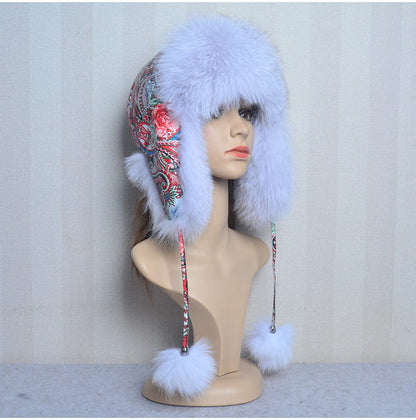 Winter Hat with Ear Real Fox Fur Caps Russian Women