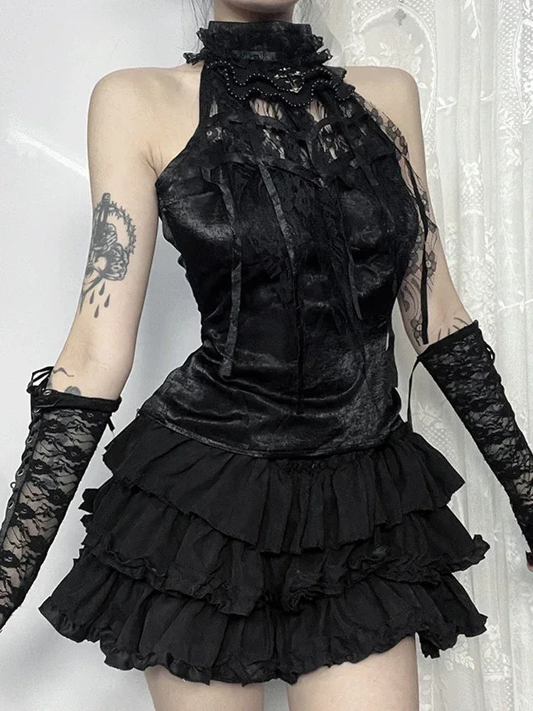 Nostalgic Lace Gothic Crop Tank for Retro Street Style