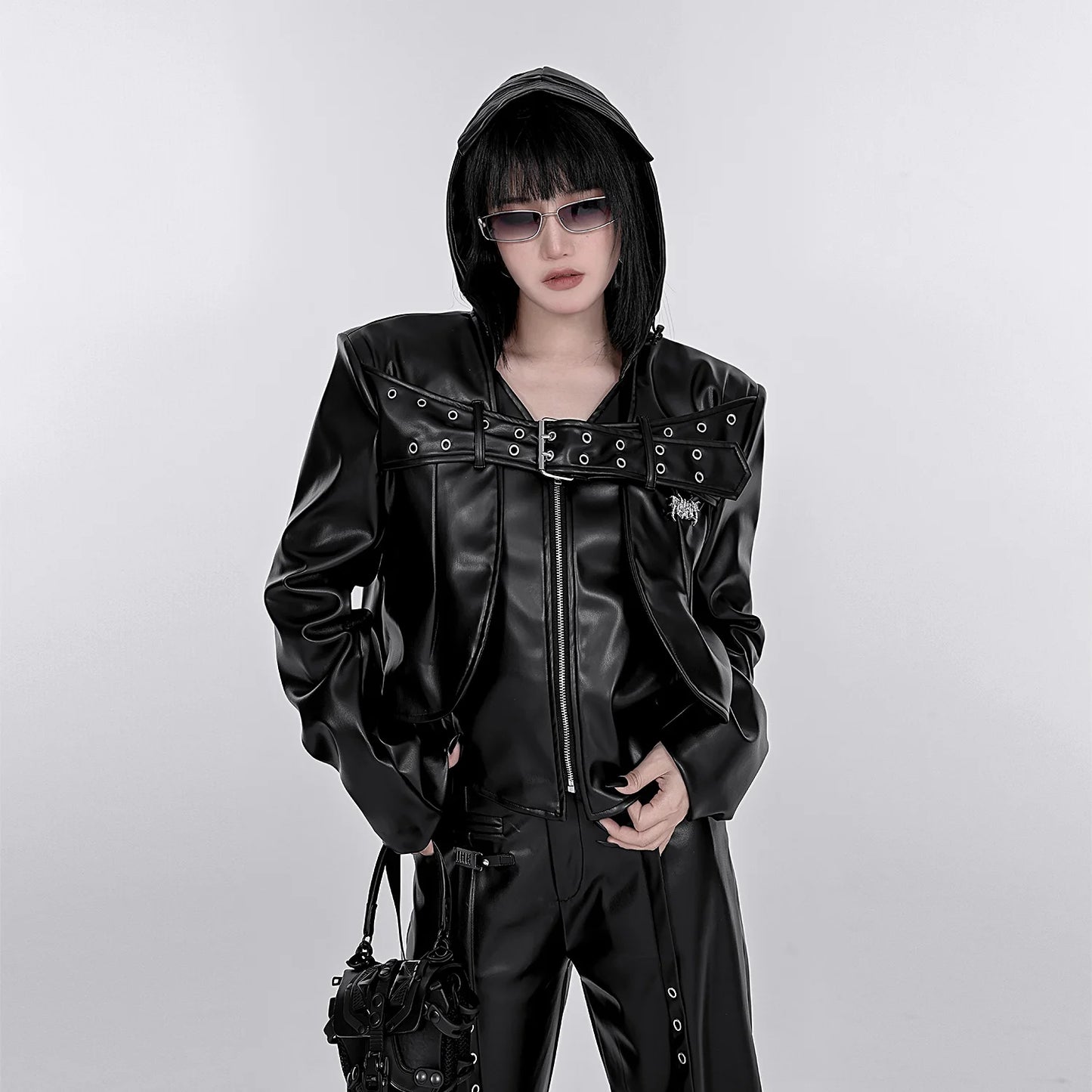 High Quality Black PU Leather Loose Coats