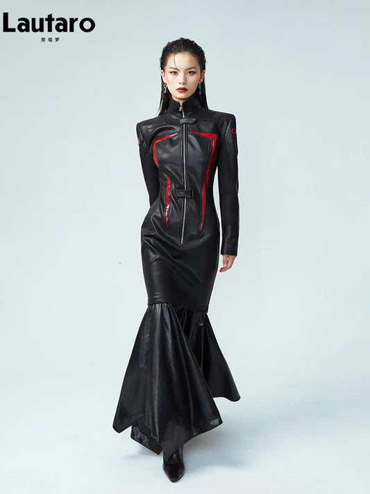 Lautaro Luxe Red & Black Patchwork Maxi Dress