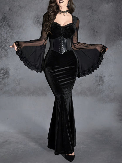 Gothic Mermaid Velvet Dress with Ruffle Detail