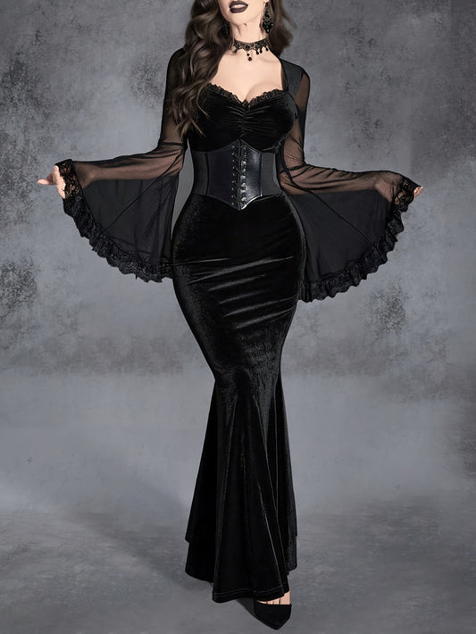Gothic Mermaid Velvet Dress with Ruffle Detail