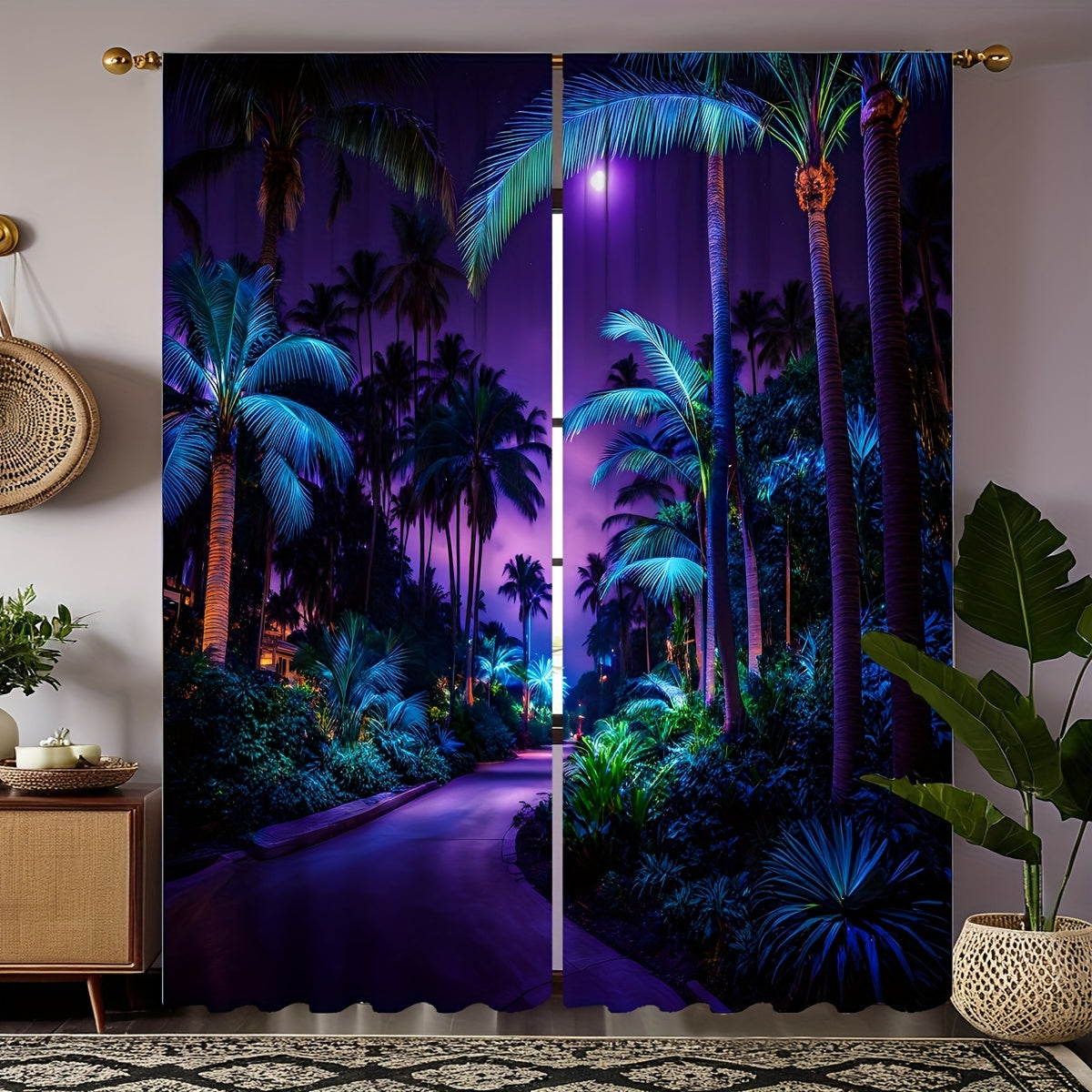 Tropical Vibe Curtains - Violet Palm Print Set