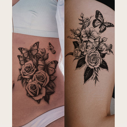Gothic Butterfly Floral Clock Temporary Tattoo Stickers