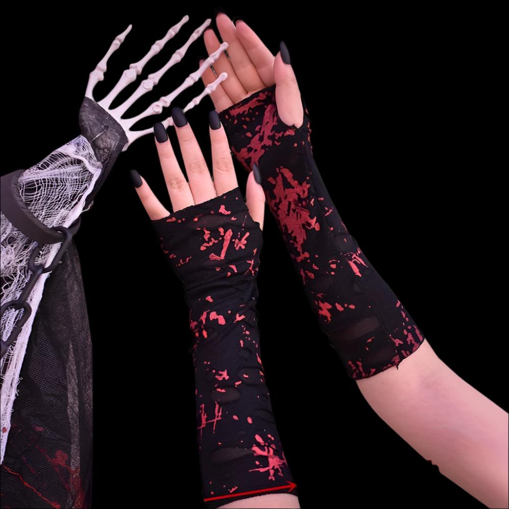 Festive Dark Punk Style Long Gloves with Blood Splatter Design