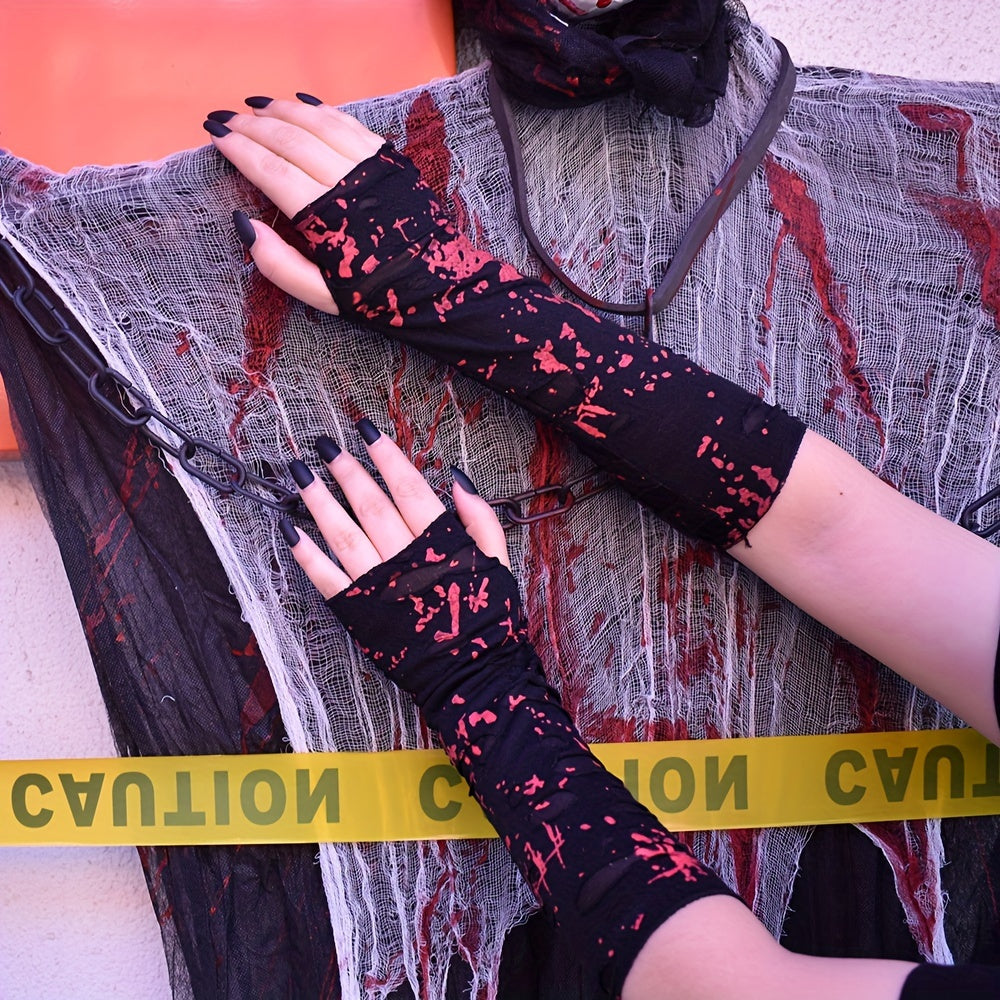 Festive Dark Punk Style Long Gloves with Blood Splatter Design