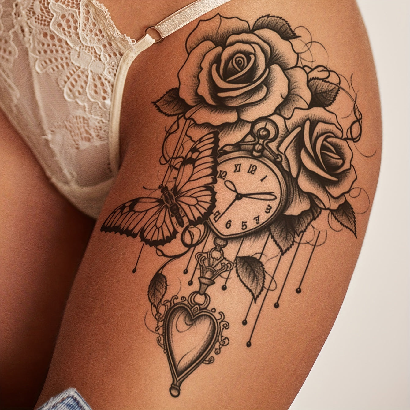 Gothic Butterfly Floral Clock Temporary Tattoo Stickers