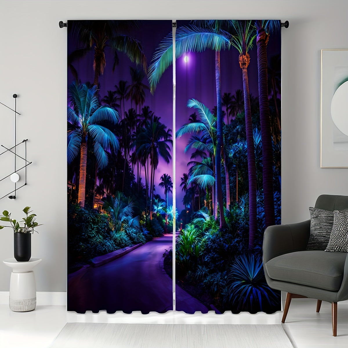 Tropical Vibe Curtains - Violet Palm Print Set