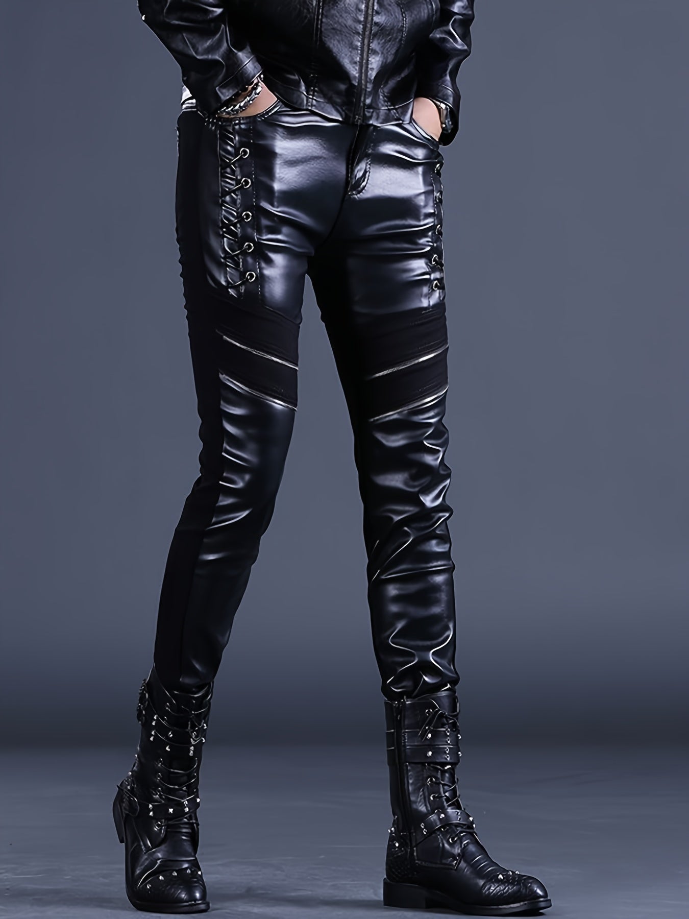 Men's Punk Rock Lace-Up Leather Moto Pants