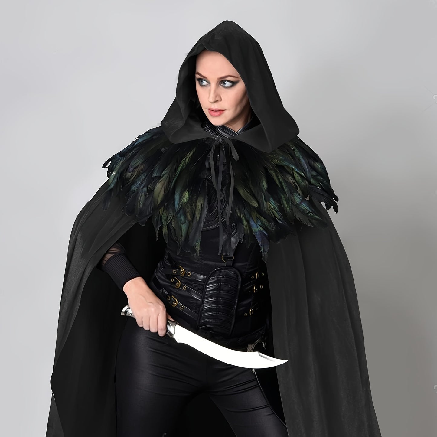 Gothic Velvet Cloak with Detachable Feather Cape Set