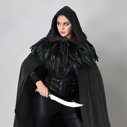 Gothic Velvet Cloak with Detachable Feather Cape Set