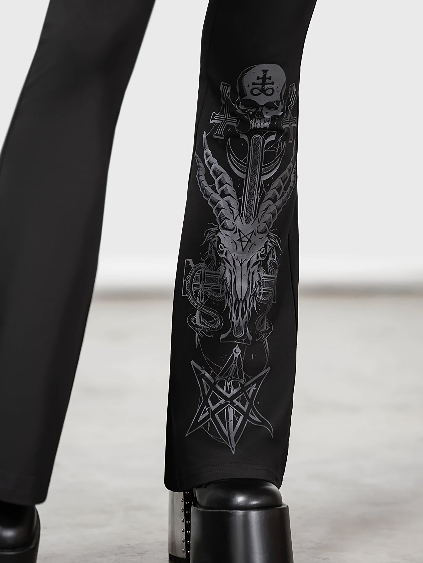 Gothic Skull Flare Pants - High-Waist Bell Bottoms