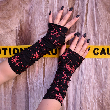 Festive Dark Punk Style Long Gloves with Blood Splatter Design