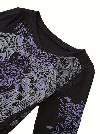 Y2K Feather Print V-Neck Top