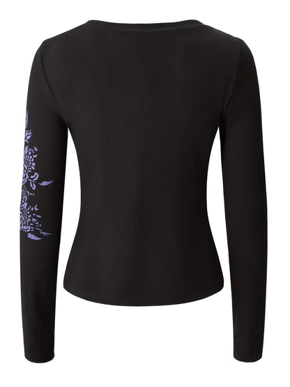 Y2K Feather Print V-Neck Top